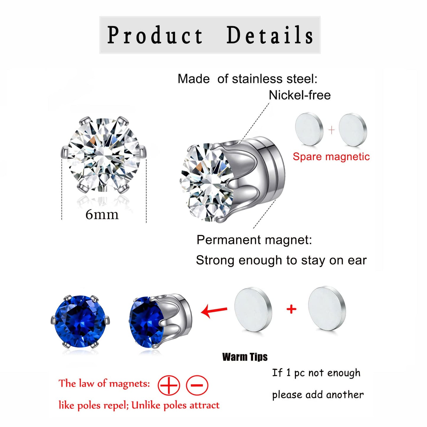 Spiritlele 12 Pairs Silver Small Big Cubic Zirconia Magnetic Earrings Clip on Non Piercing Earrings Set Unisex 4MM-7MM