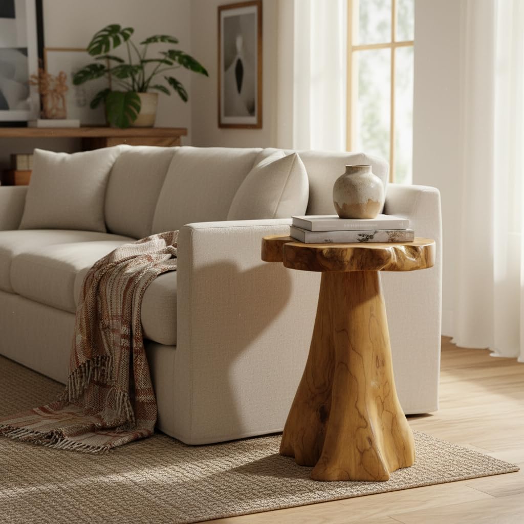 Greenage Solid Teak Wood Plant Stand 15.5" x 15.5" x 19.5" H | Rustic Live Edge End Table for Living Room Bedroom | Tree Stump Style Side Table for Coffee or Courtyard Decor
