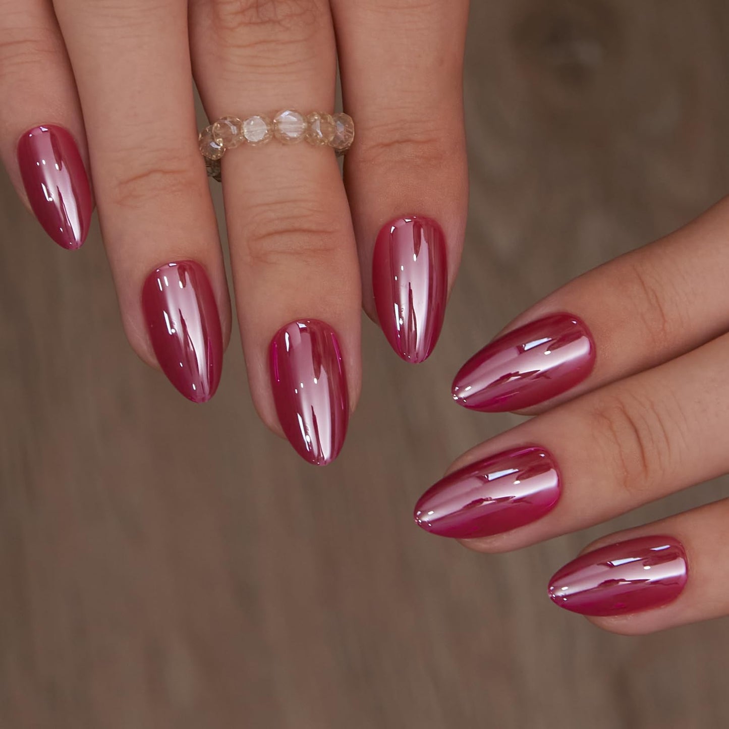 CurvLife 30pcs Press on Nails, Acrylic Fake Nail with Apricot Design, Full Cover False Nails Tips Glossy Nude Glue on Nails Artificial Stick on Nails for Women (fuchsia chrome nails, Medium)