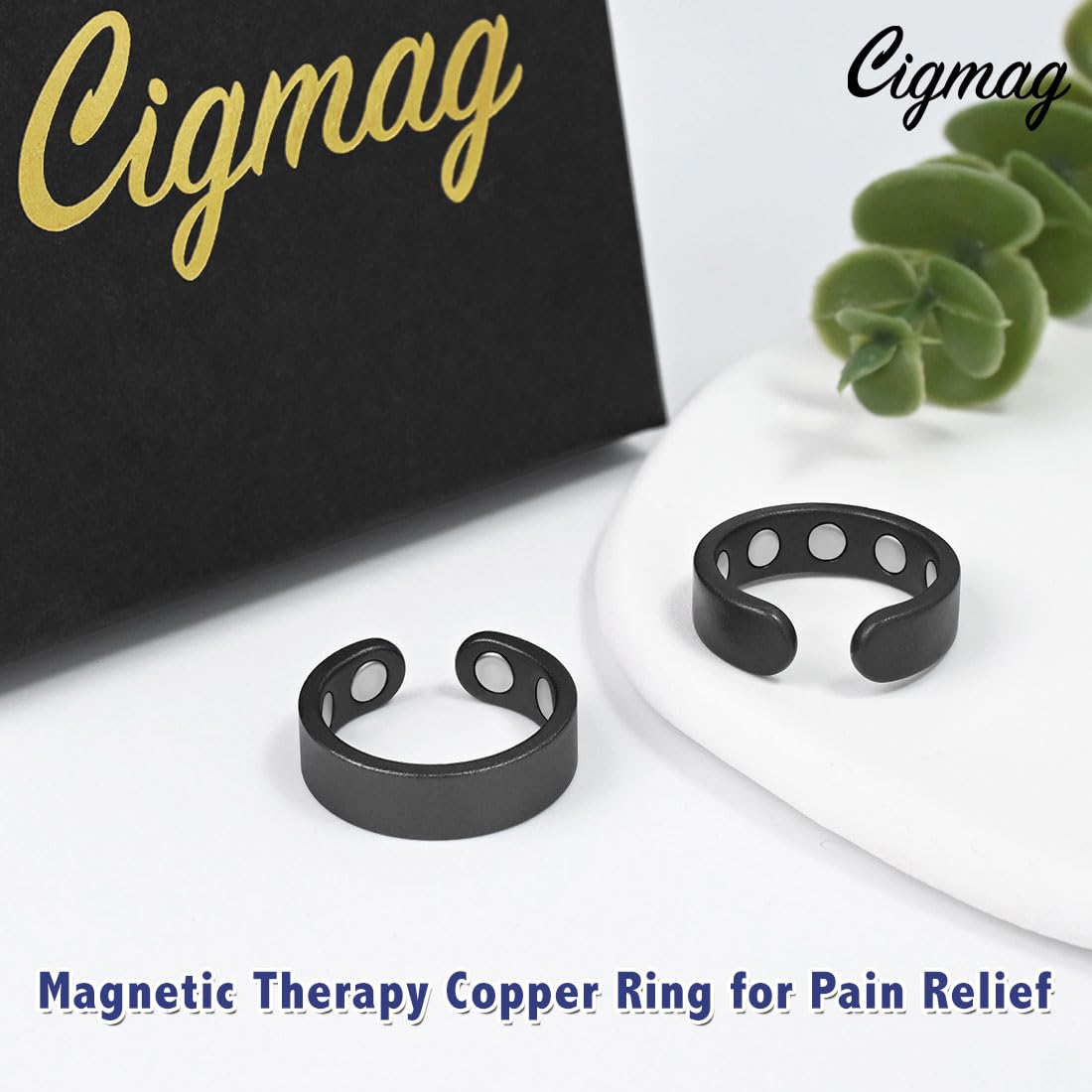Cigmag 9X Copper Rings for Women Men, with Powerful Magnets, Adjustable Solid Pure Copper (Black Matte)