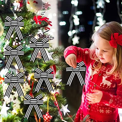 12 Pieces Christmas Black White Stripe Tree Topper Bows Christmas Burlap Bows Halloween Wreath Bow Craft for Tree Gift Wrapping Wall Home Front Door Decor