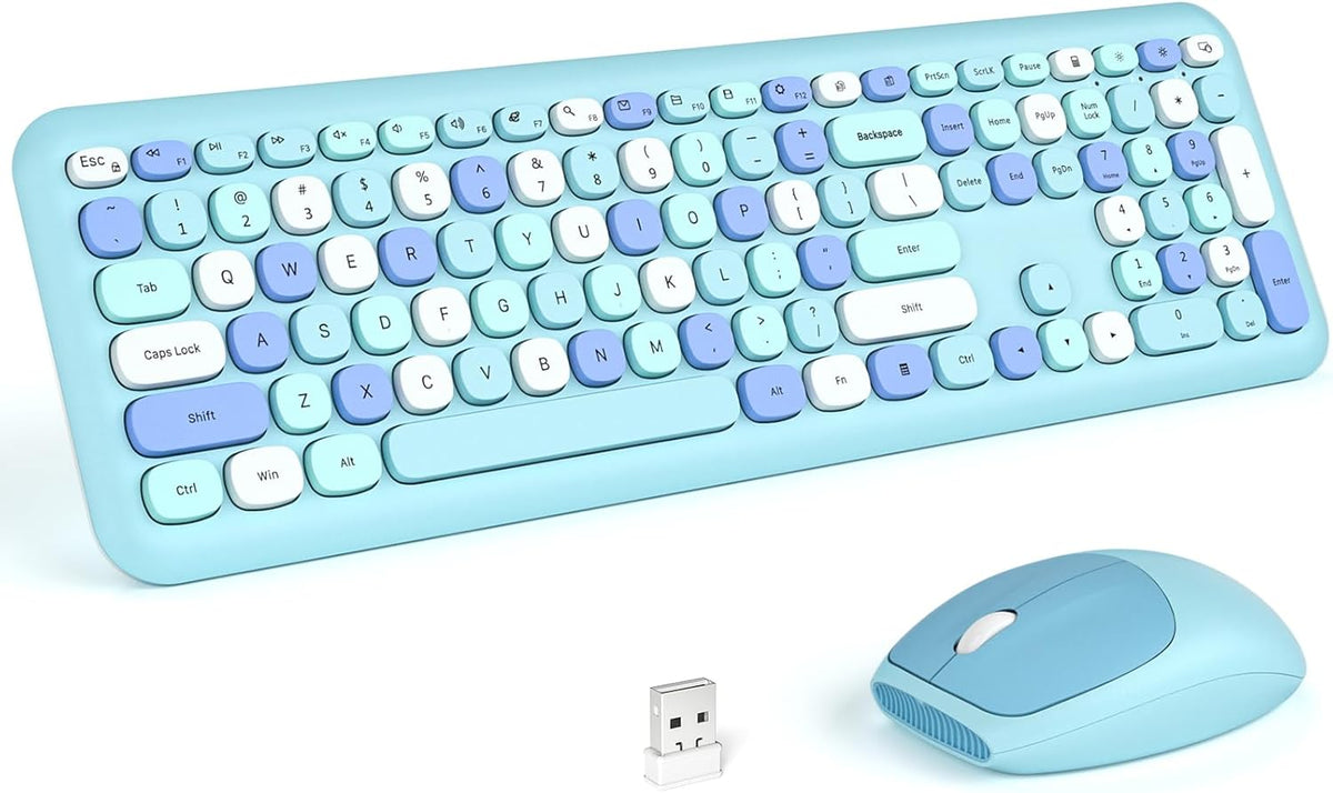 KNOWSQT Wireless Keyboard and Mouse Combo, Pale Blue Full-Sized 2.4G Silent Keycap Colorful Keyboards, USB Dongle Plug Play, for Laptop, Windows, PC, Computer, Desktop