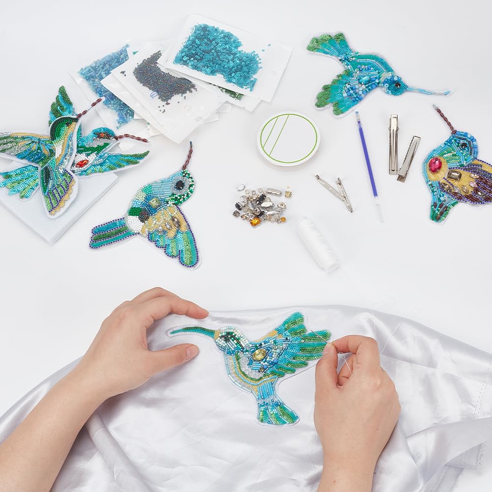 WEBEEDY 6 Sets DIY Hummingbird Rhinestone Beaded Patch Kit Bird Brooch Pin Hair Barrette Making,Sequin Beaded Patches Sew on Crystal Beaded Appliques Patch for Spring Clothes Shoes Sewing Patchworks