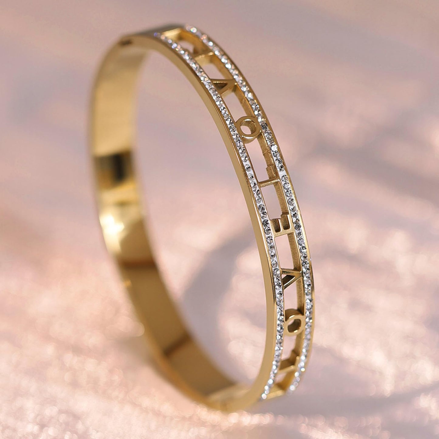 Vbvbip 18K Gold Plated 316L Stainless Steel Bangle Bracelet Collection - 12 Unique Designs + Matching Diamond-Accent Titanium Steel Chain, Gift for Women