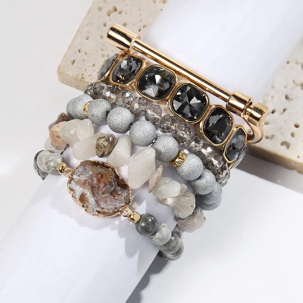 Yomisa Boho Beaded Bracelets/Bangle for Women,Multilayer Wrap 6PCS Healing Natural Jasper Stone Bead Bracelets Stackable Friendship Stretch Beaded Bracelet Set Trendy Bohemian Jewelry Gift,Silver Gold