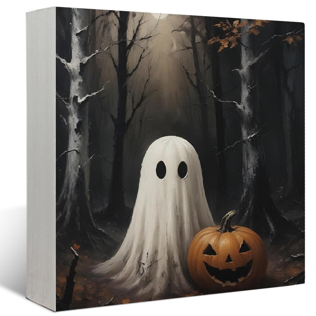 Mtrgdn Halloween Decor,Halloween Decorations Indoor,Spooky Ghost Pumpkin Desk Decor Wooden Box Sign,Halloween Home Office Kitchen Bathroom Bedroom Coffee Table Shelf Wall Decorations,5x5 In