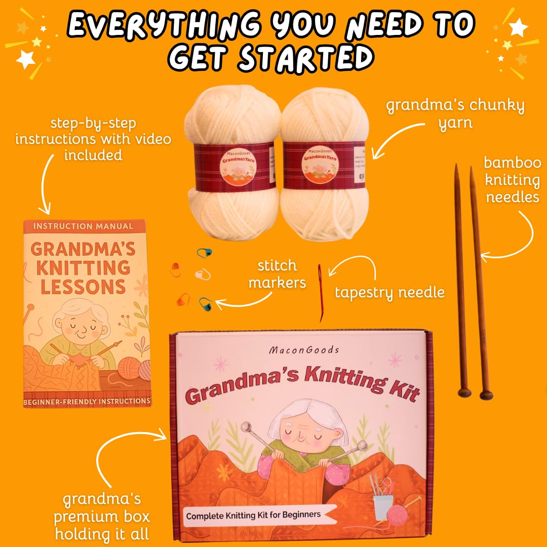 MaconGoods Grandma's Knitting Kit - Complete Knitting Kit for Beginners - Includes Beginner Yarn, Bamboo Needles, Video Tutorial, and Written Guide & More - Easy Learn to Knit Kit