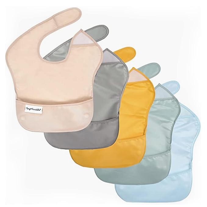Tiny Twinkle Mess-Proof Baby Bibs for Eating | Waterproof, Wipeable Toddler Bibs with Catch-All Pocket | Feeding Bibs for Girls & Boys(5 Pack,Unisex Solids)
