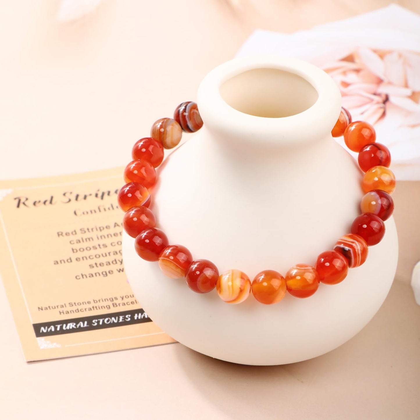 AD Beads 4mm Handmade Red Stripe Agate Elastic Bracelet – Natural Gemstone for Confidence – Meditation, Yoga, Healing and Energy Gift for Men Women