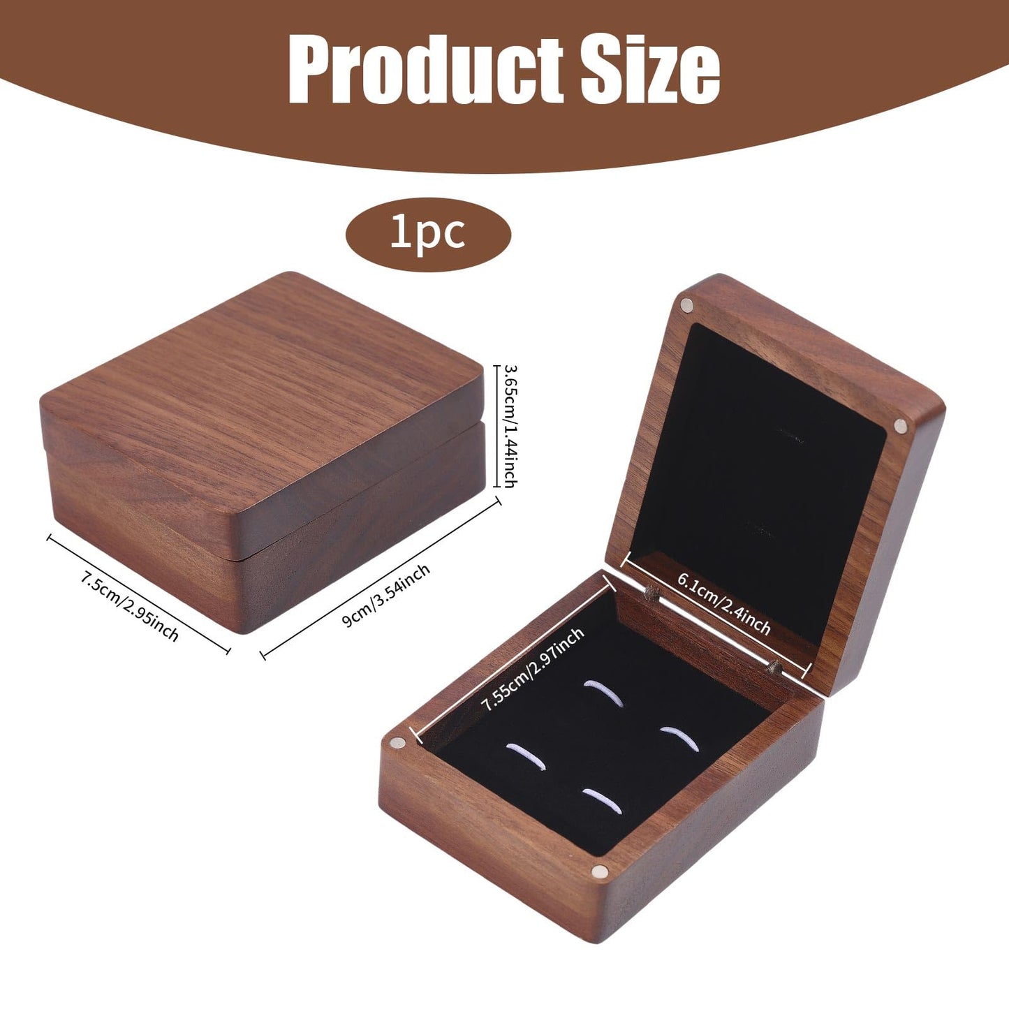 CONCHLERY Wooden Cufflink Tie Clip Box Rectangle Wood Cufflink Gift Box Coconut Brown Jewelry Display Box for Engagement Birthday Anniversary 3.54x2.95inch, Black Inside
