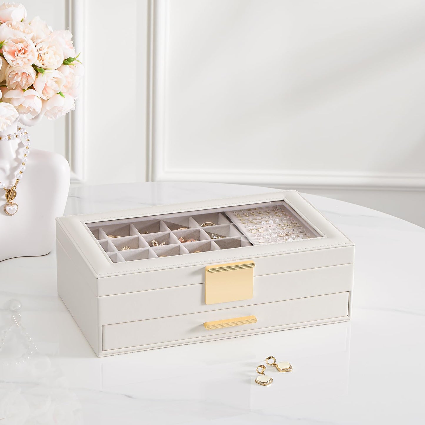 Lolalet Earring Storage Box Case with Glass Top, Large Earring Jewelry Holder Organizer Display with Drawer and Grid, Mothers Day Gifts -2 Tiers, Cloud White