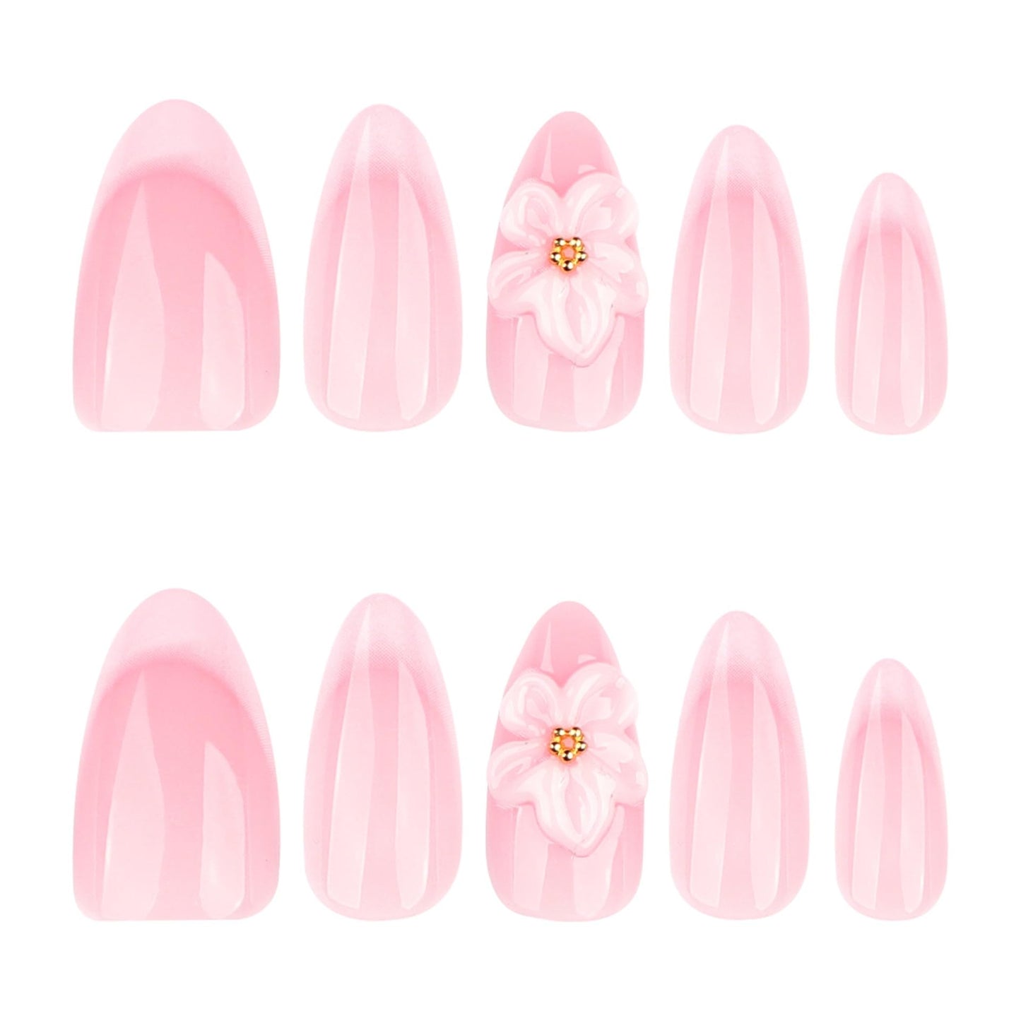 CTTHNBD Medium Press on Nails Almond - French Tip Fake Nails with 3D Flower Design - Glossy Stick on False Nails - for Women 24 Pcs