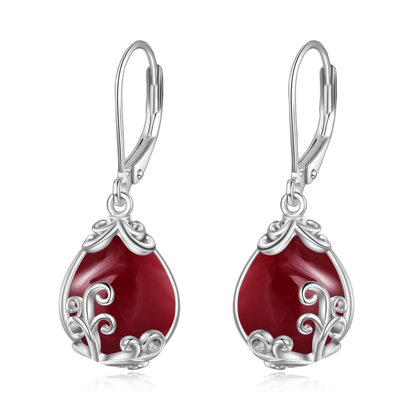 POPLYKE Garnet Filigree Teardrop Drop Dangle Earrings Sterling Silver Red Crystal Leverback Earrings Jewelry for Women