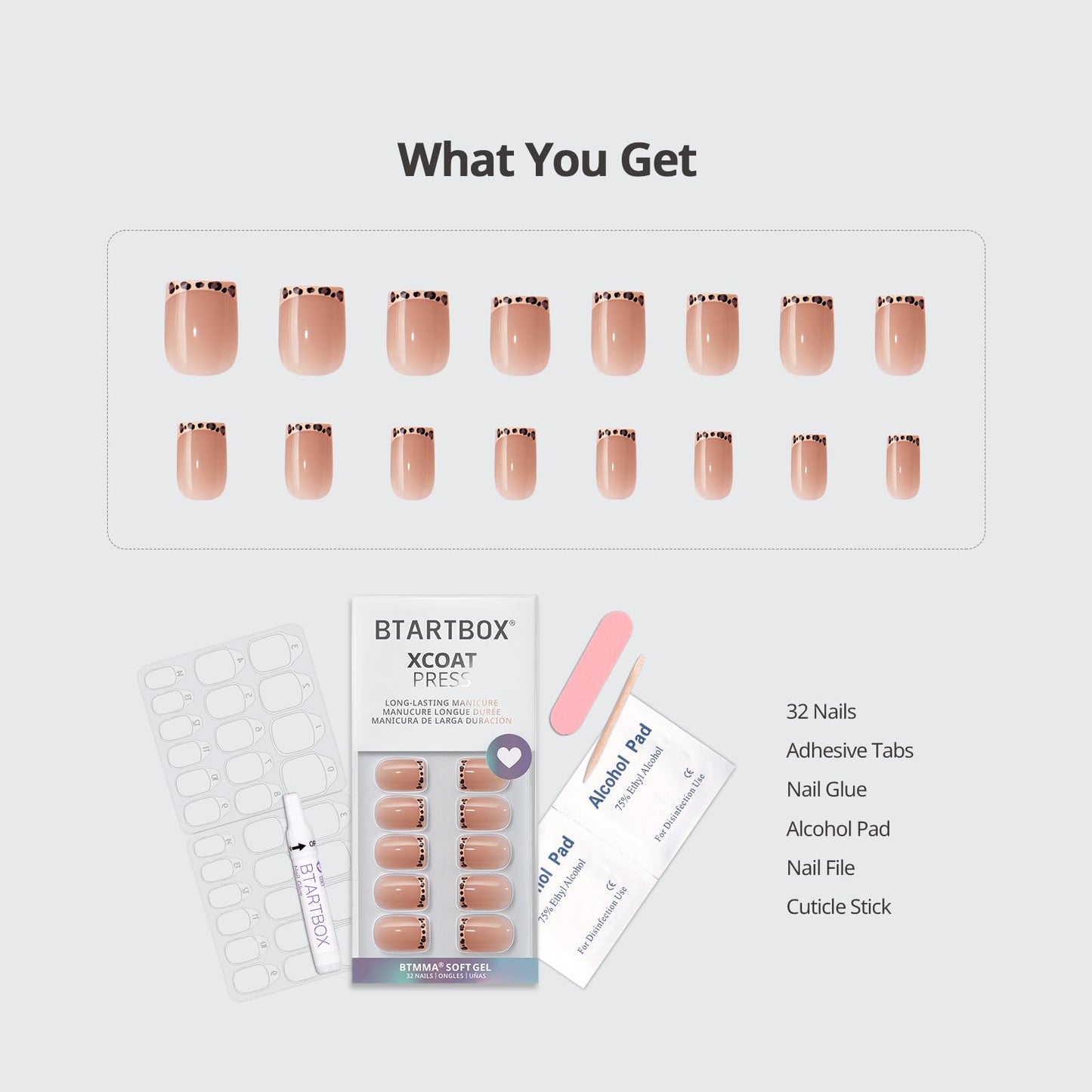 BTArtbox Press On Nails Short - Dangerous Game, Square Leopard French Tip Press On Nails with Glue and Adhesive Tabs for Women, Soft Gel Glue On Nails in 16 Sizes - 32 Stick On Nails Kit