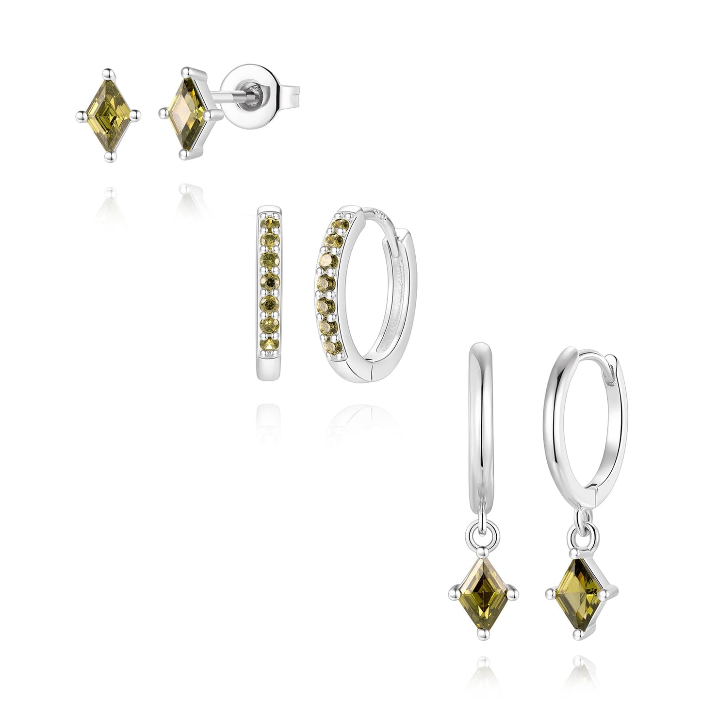 Sterling Silver Hoop Earrings Set for Women, Dainty Emerald Green Earrings Dangle, Small Hypoallergenic Huggie Silver Earring Stacks for Multiple Piercing, Olive Green Earring for Women Trendy