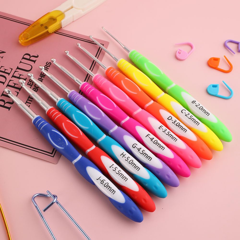 Dasonwin 60-Piece Ergonomic Crochet Hooks Set with Travel Case - Aluminum Crochet Needles Kit for Beginners & Experts, Arthritis-Friendly Design, Includes Stitch Markers & Accessories (Pink)