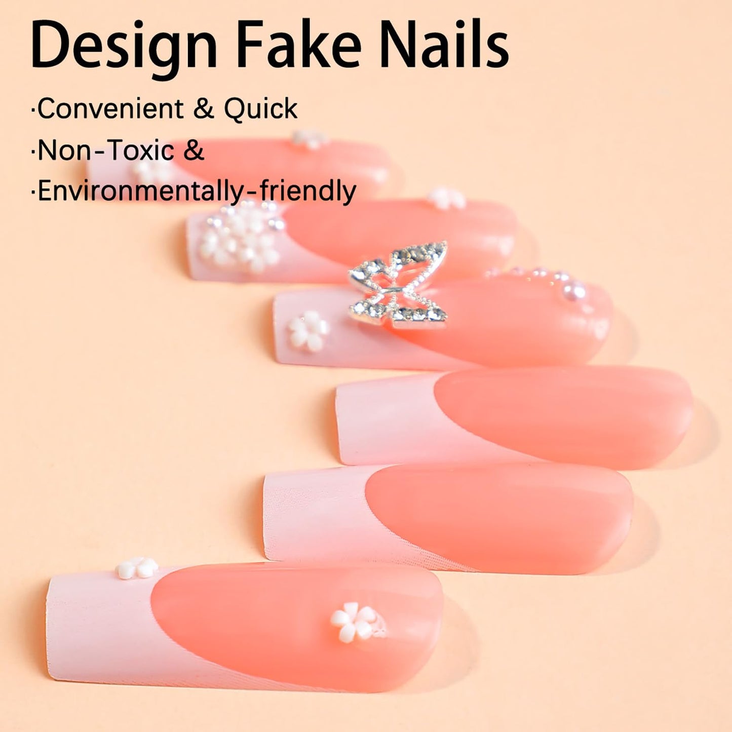 FIEONCIY Press on Nails Long Coffin Shaped Acrylic Glossy Full Cover Long Square French False Nails with Designs Artificial Extra Long Fake Nails with Charms Glue ons Fingernails for Women(DZ1618)