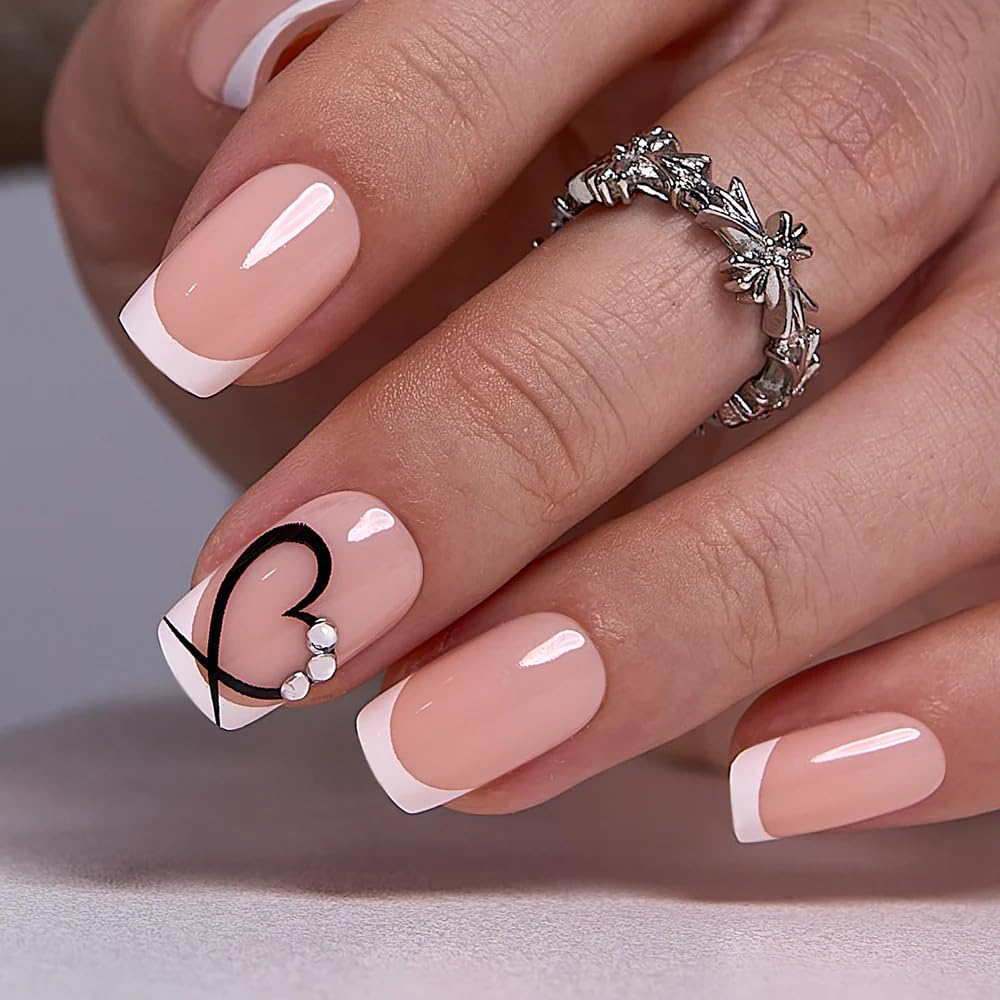 Curvlife Press On Nails Acrylic Fake Nails with Design - Full Cover False Nails Reusable Kit with Glue, Adhesive Tabs, File - Artificial Glue on Nails (French Love, 30pcs)