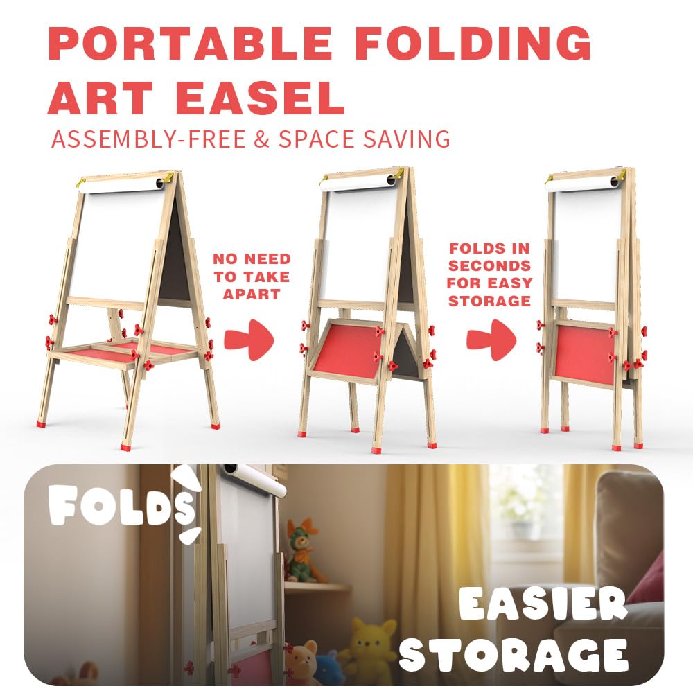 Joyooss Art Easel for Kids Easel, Foldable Toddler Easel for Painting Double Sided Whiteboard & Chalkboard, Standing Drawing Board with Paper Roll Children Easel for Kids Ages 2-4 4-8 8-12