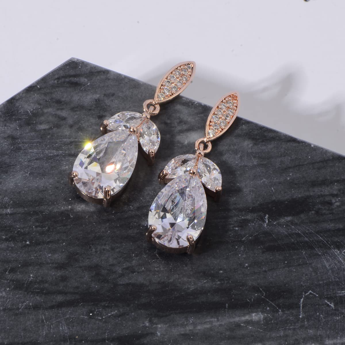 Women's Cubic Zirconia Bridal Earring Elegant 14k Rose Gold Plated Teardrop Cluster Floral Leaf CZ Crystal Rhinestone Wedding Earring for Bride Bridesmaids Party Prom