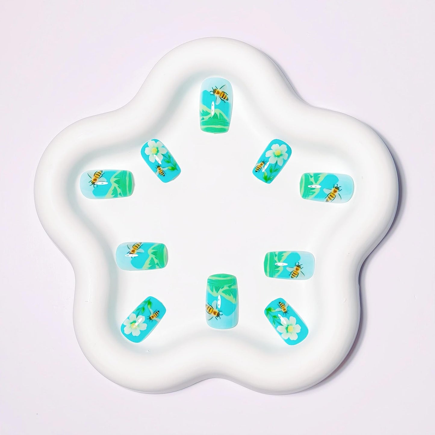 Summer Press on Nails Medium Square Fake Nails with White Flower Green Leaves Designs Glossy Nails Press ons Spring Blue Glue on Nails Acrylic Artificial Stick on Nails for Women 24Pcs