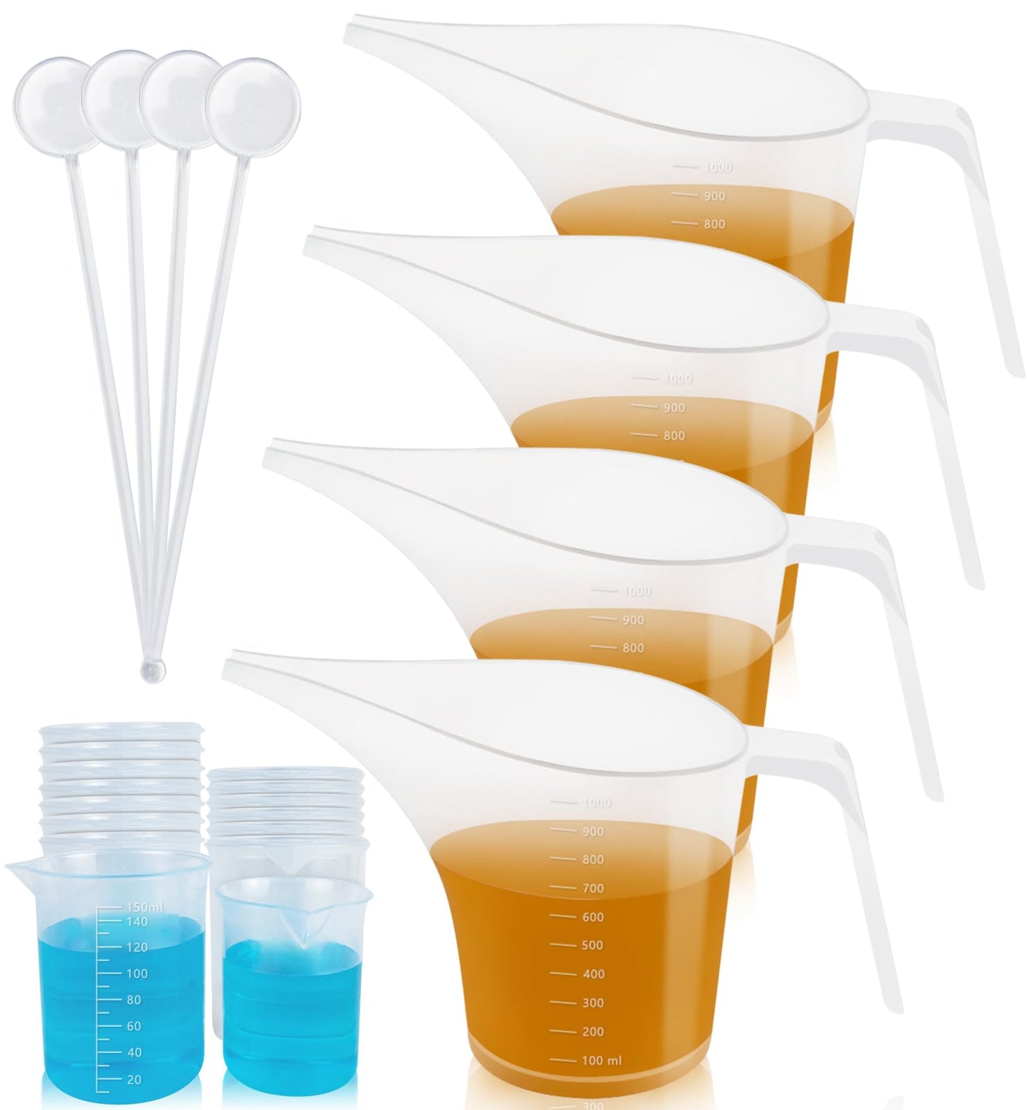 Artcome Funnel Pitcher Set - 4 Pack, 1000ml Plastic Measuring Pitchers with Funnels, 4 Stirring Rods, and 15 Small Measuring Cups for Soap Making, Resin Casting, Baking, and DIY Crafts