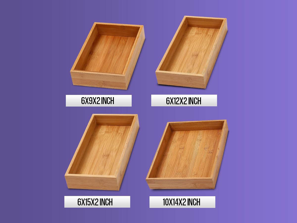 YBM Home Bamboo Drawer Organizer Storage Box for Kitchen Drawer, Junk Drawer, Office, Bedroom, Children Room, Craft, Sewing, and Bathroom, 2 Pack 6x15x2 inch