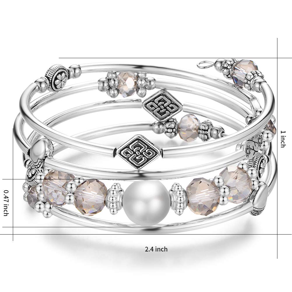 BULINLIN Bead Wrap Bangle Pearl Bracelet - Silver Metal Bracelet Gifts For Women(04-Transparent gray)