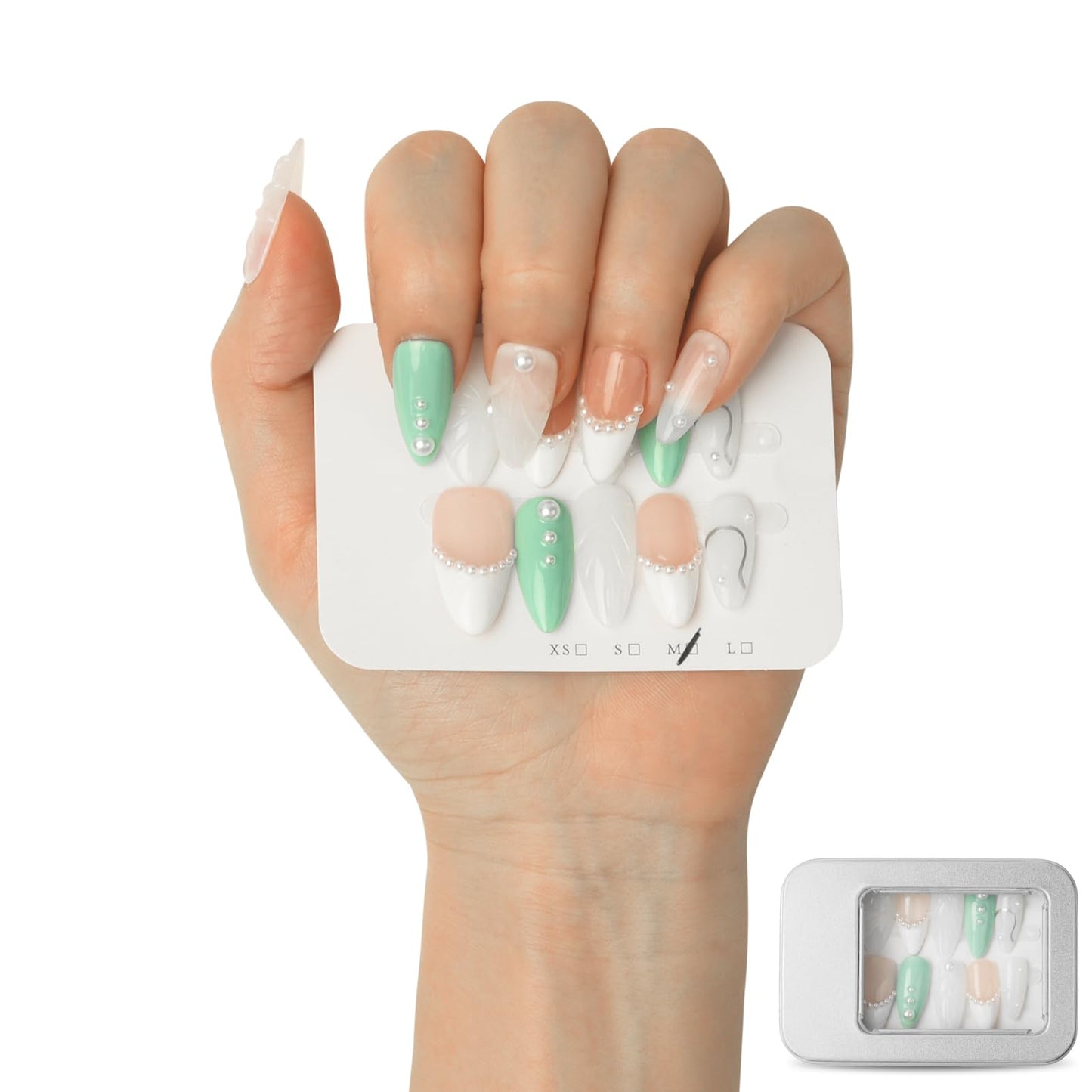 3D Pearl White Floral Red Press On Nails for Wedding, Handmade Medium Almond Nude Base White French-Tip Gel Acrylic 30pcs Reusable (Wedding Collection, Size M)