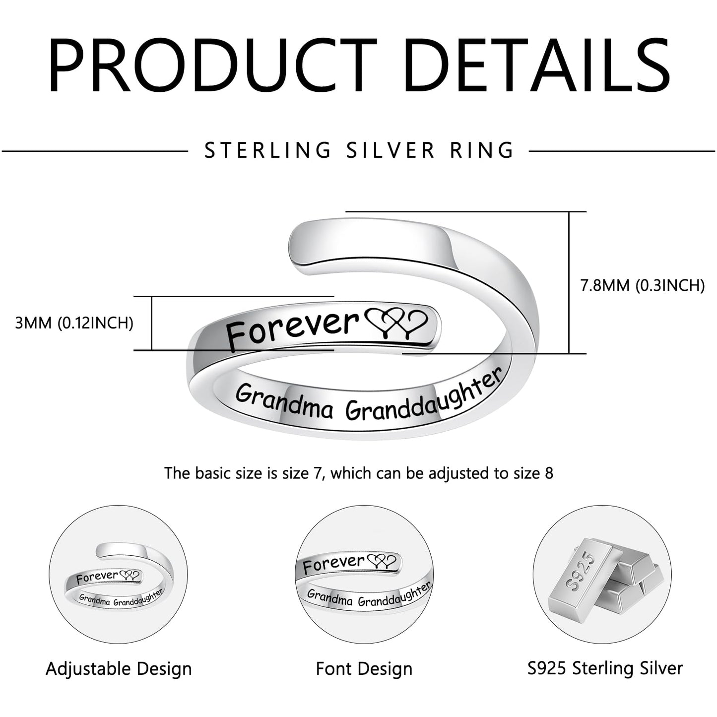 Silver Adjustable Ring Inspirational Jewelry S925 Sterling Wrap Open Ring for Women(Grandma&Granddaughter)