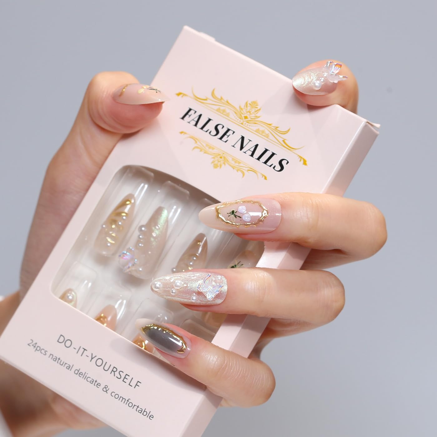 Goolich Medium Almond Chrome Gold Line Press On Nails, 3D Bead Butterfly Charms Decoration Nails Press ons Set with Adhesive Tabs, 24 Pcs 12 Size Reusable Full Cover Glue on Nails for Women