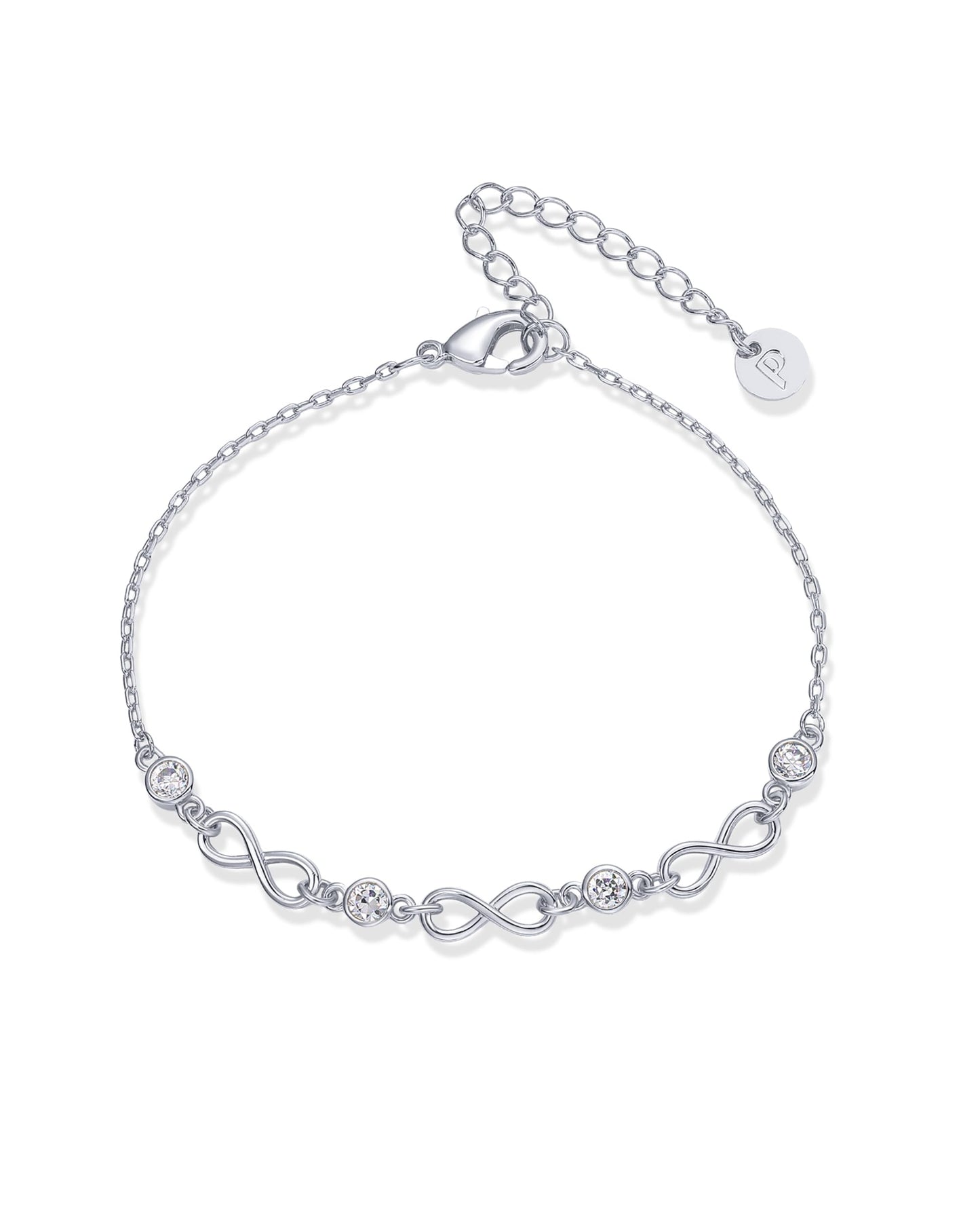 PAVOI Rhodium Plated Infinity Simulated Diamond Station Chain Bracelet for Women | Cubic Zirconia Adjustable Friendship Bracelet