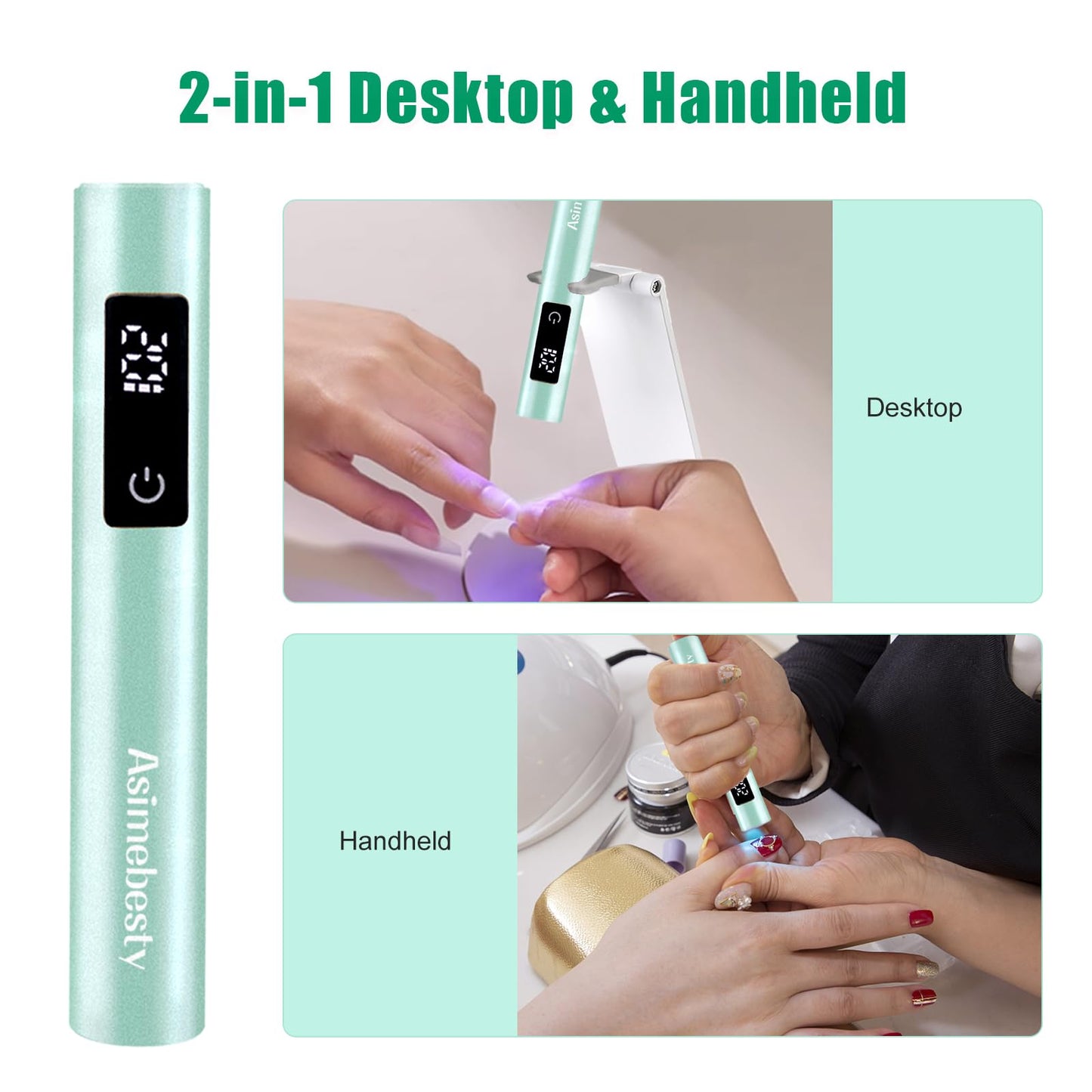 Asimebesty UV Light for Gel Nails, Mini UV Nail Lamp Hand held with Stand, Portable Small Nail Dryer Light for Gel Polish with 3 Timers, Rechargeable Cordless UV Light Nail for Fast Curing, Green