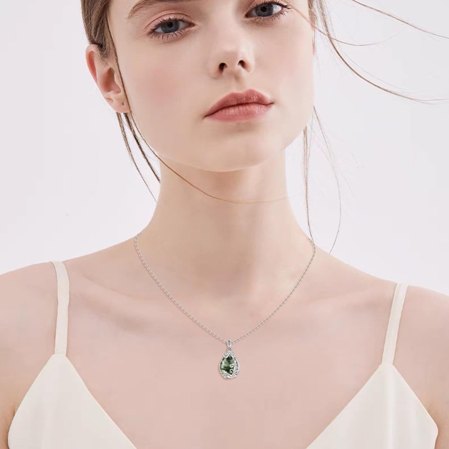 POPLYKE Sterling Silver Moss Agate Filigree Teardrop Pendant Necklace Gemstone Crystal Jewelry for Women