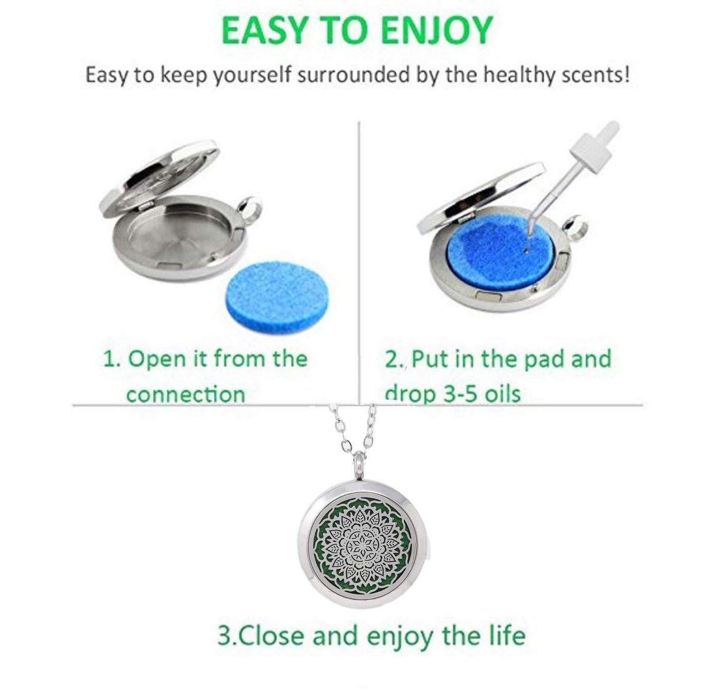 Aromatherapy Essential Oil Diffuser Stainless Steel 30 MM Silver Magnetic Locket Pendant 2 Sizes Chain Necklace, Refill Pads & Diffuser Bracelet in a Velvet Bag (flower3)