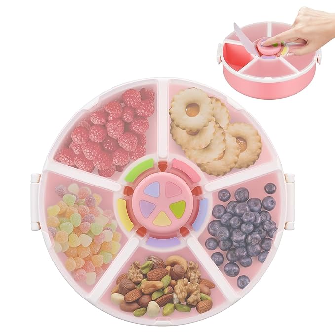 Snack Rotator Container Reusable Snack Box with 5 Compartment Dispenser and Lid, Color Matching Opening Lid, BPA and PVC Free, for Home, School, Travel (1 Pack- Pink)