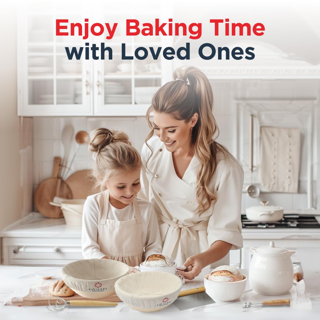 Bread Proofing Basket Set of 2 - Round 9" Sourdough Bread Baking Supplies w/Linen Liner, Scrapers, Scoring Lame, Whisk, Blades Banneton Proofing Baskets - Sourdough Starter Kit for Beginners