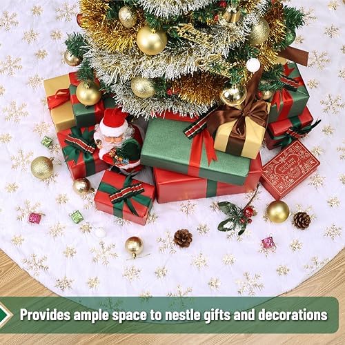 Mr. Pen White Faux Fur Christmas Tree Skirt, 36 inches, Gold Snowflakes