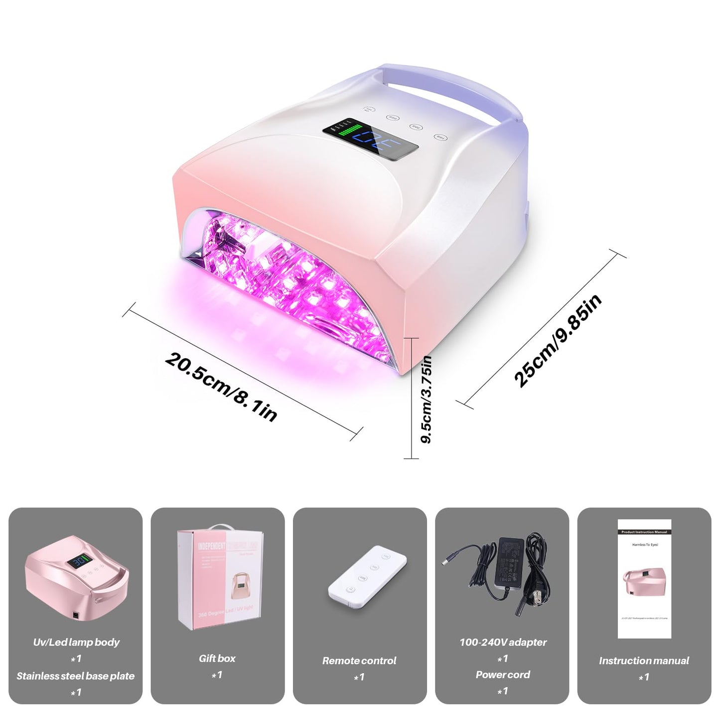 BIDUO 96W Cordless UV LED Nail Lamp, Periwinkle to Pink Gradient | 52 Beads Quick Dry with Remote | 4 Timer Settings & Auto Sensor | Rechargeable Gel Nail Light for Manicure Pedicure