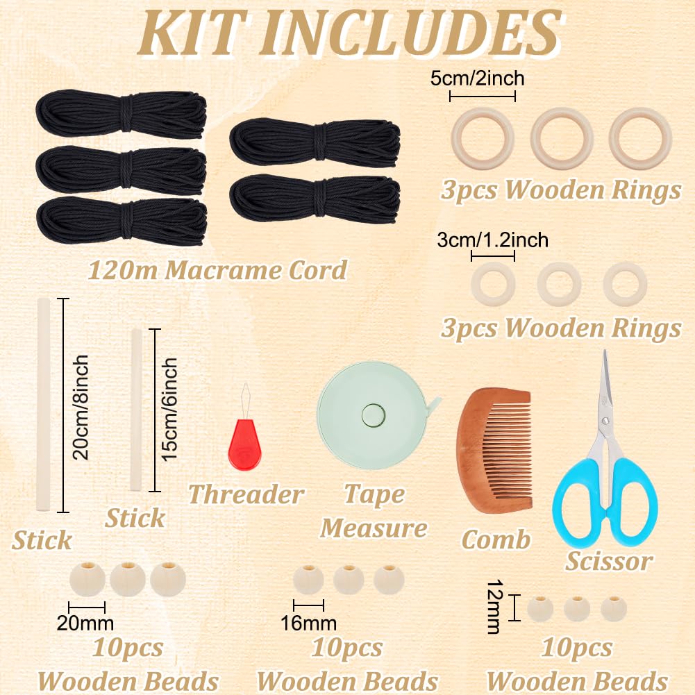 IFNUNLY 8 Set Black DIY Macrame Kit for Beginners - Starter Kit with Wall Hanging, Plant Hanger, Keychain & Instructions