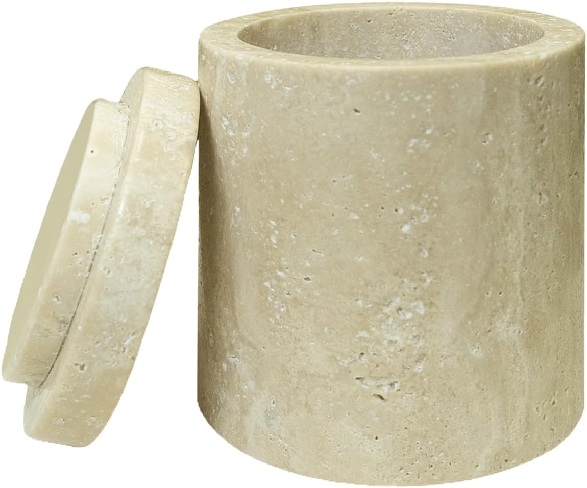 Qtip Holder With Marble cover, Beige Travertine Cotton Swab Jars 4 Inch, Modern Round Marble Canister, Small Apothecary Storage Jars for Bathroom, Bedroom, Vanity, Kitchen Cabinet