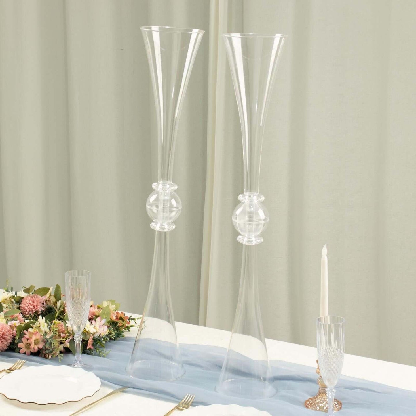 Efavormart 2 Pack | 31" Clear Crystal Embellishment Trumpet Table Centerpiece, Reversible Plastic Flower Vase