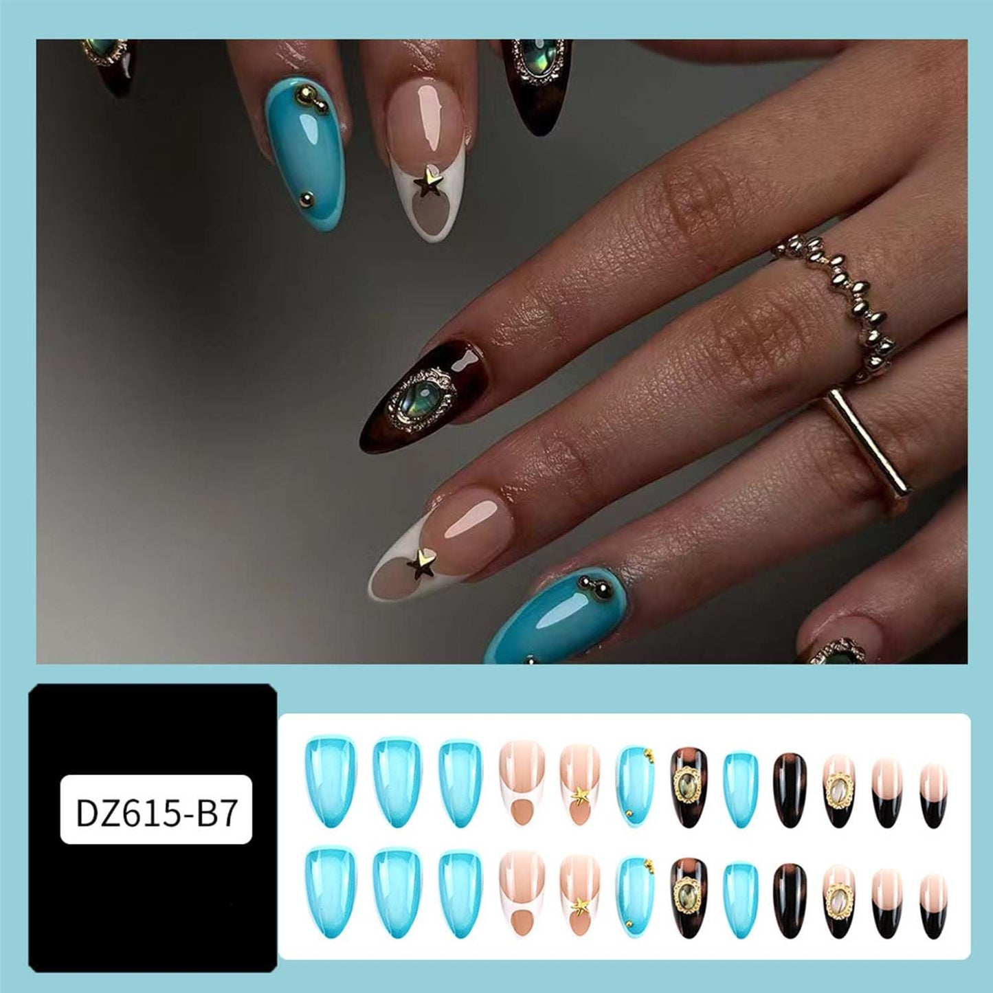 Medium Almond Press On Nails French Tip Fake Nails Star With Metal Charms Design Blue False Nails Full Cover Artificial Glue On Nail Acrylic Reusable Stick On Nail For Women Manicure Art 24pcs