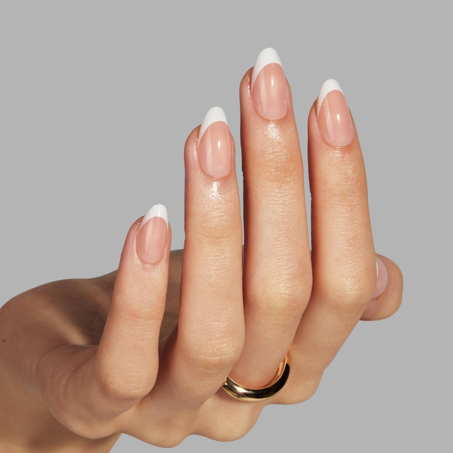 LAMIMOSA 32Pcs French Tip Press on Nails Short Almond - Soft Gel Fake Nails in 16 Sizes, Reusable Semi-Transparent Glue on Nails Kit, BONJOUR!