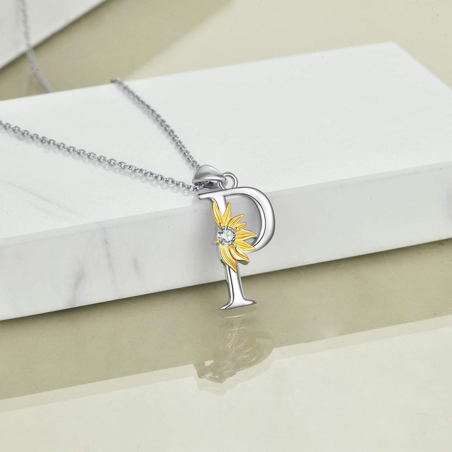 POPLYKE Sterling Silver Initial Alphabet Letter Script Name Pendant Chain Necklace for Women for (Sunflower P)