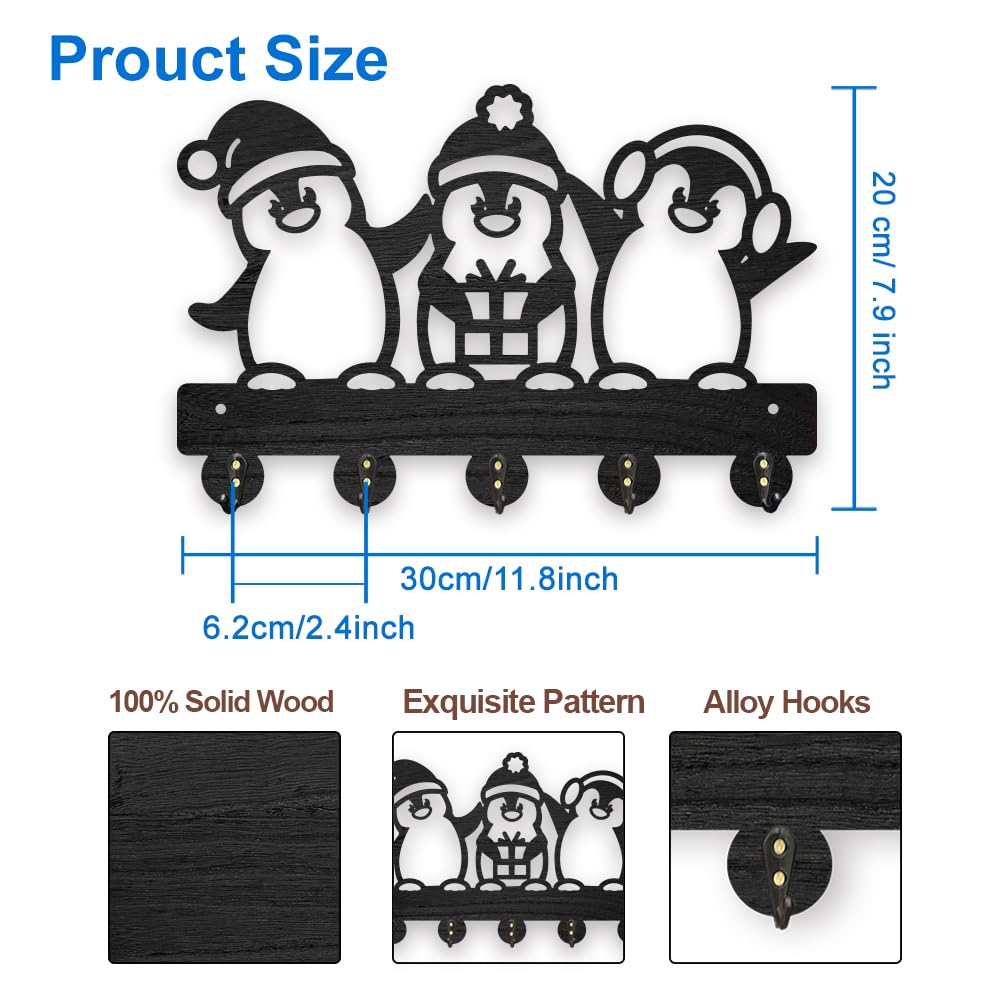 MAYJOYDIY Wood Penguin Key Hook Wall Mount 11.8 x 7.8 inches Christmas Hat Gift Box Key Rack Penguin Animal Themed Coat Hat Hook Wall Decor with 5 Alloy Hooks for Entryway Bedroom Living Room