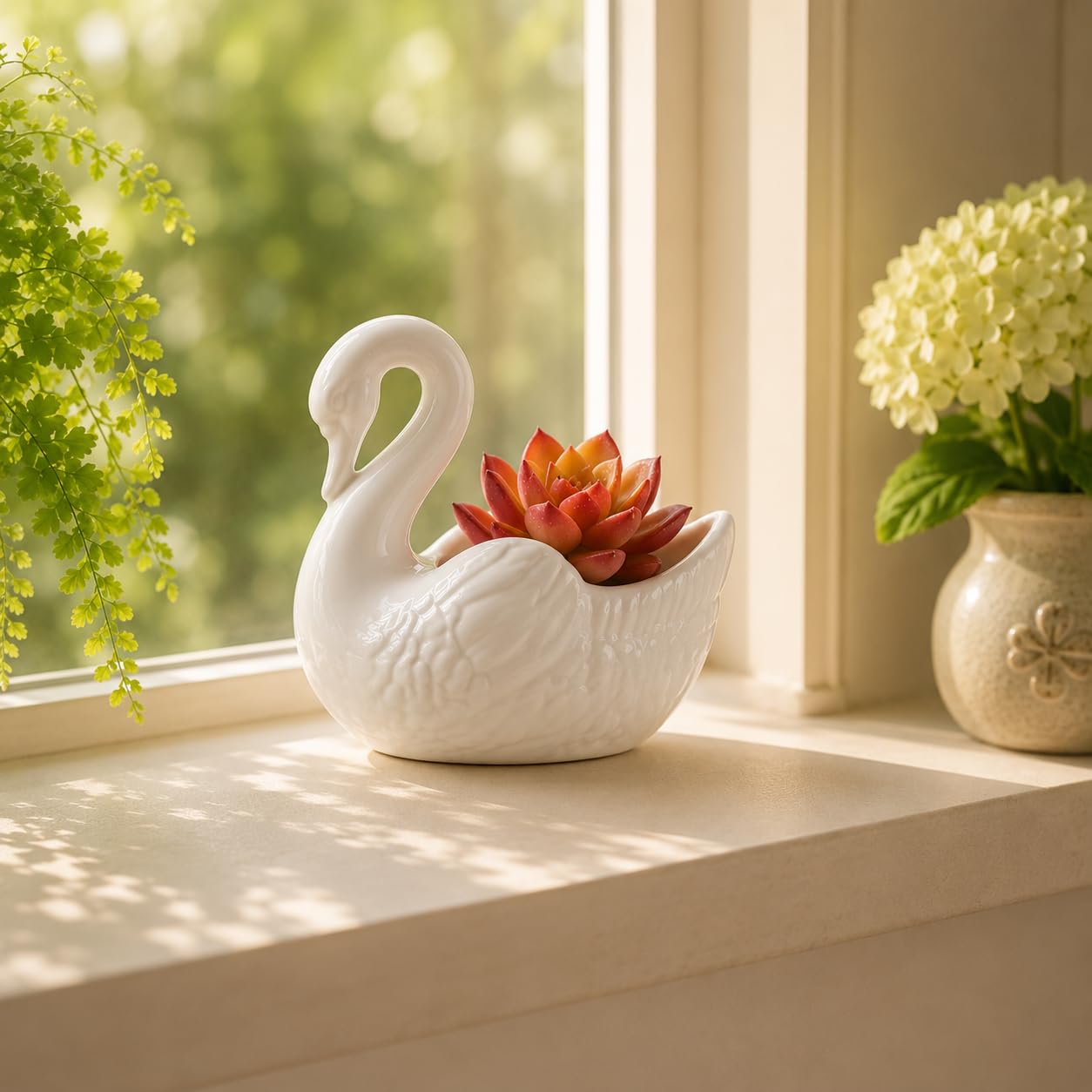 VANZACK Elegant White Ceramic Swan Planter 4.4in Decorative Succulent Flower Pot Swan Vase, Ceramic Swan Decor and Candle Holder for Home Office Gardening