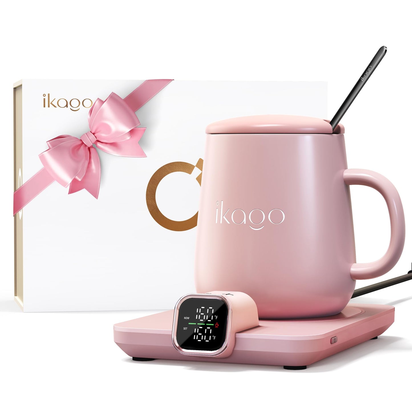 Coffee Mug Warmer & iKago Mug Set, Accurate Temperature Control Smart Heated Mug for Desk, Electric Coffee Warmer with Auto Shut Off & Real-Time Temp Display, Gifts for Men Women, 15oz Ceramic Mug