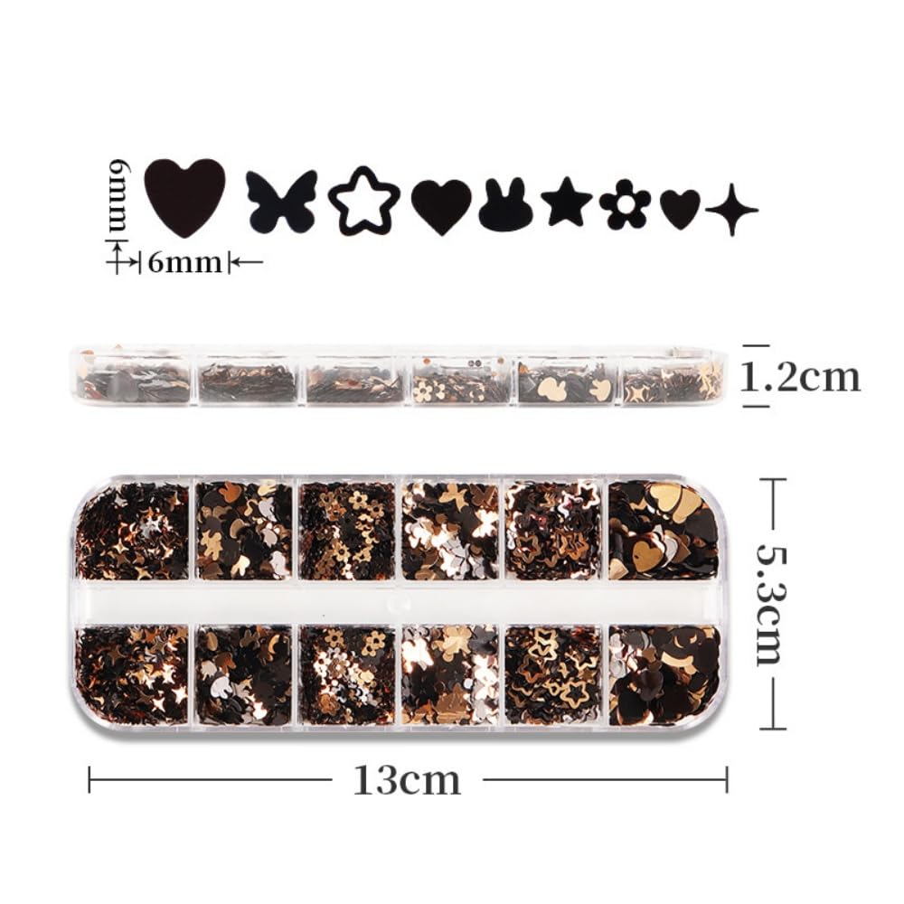 Black Gold Nail Glitter Cute Butterfly Nail Sequins 3D Hearts Nail Flakes Sparkling Flower Glitter Flakes Mixed Shape Star Nail Art Glitter Shiny Nail Sequins Glitter for Nails Art 1 Box 12Grids