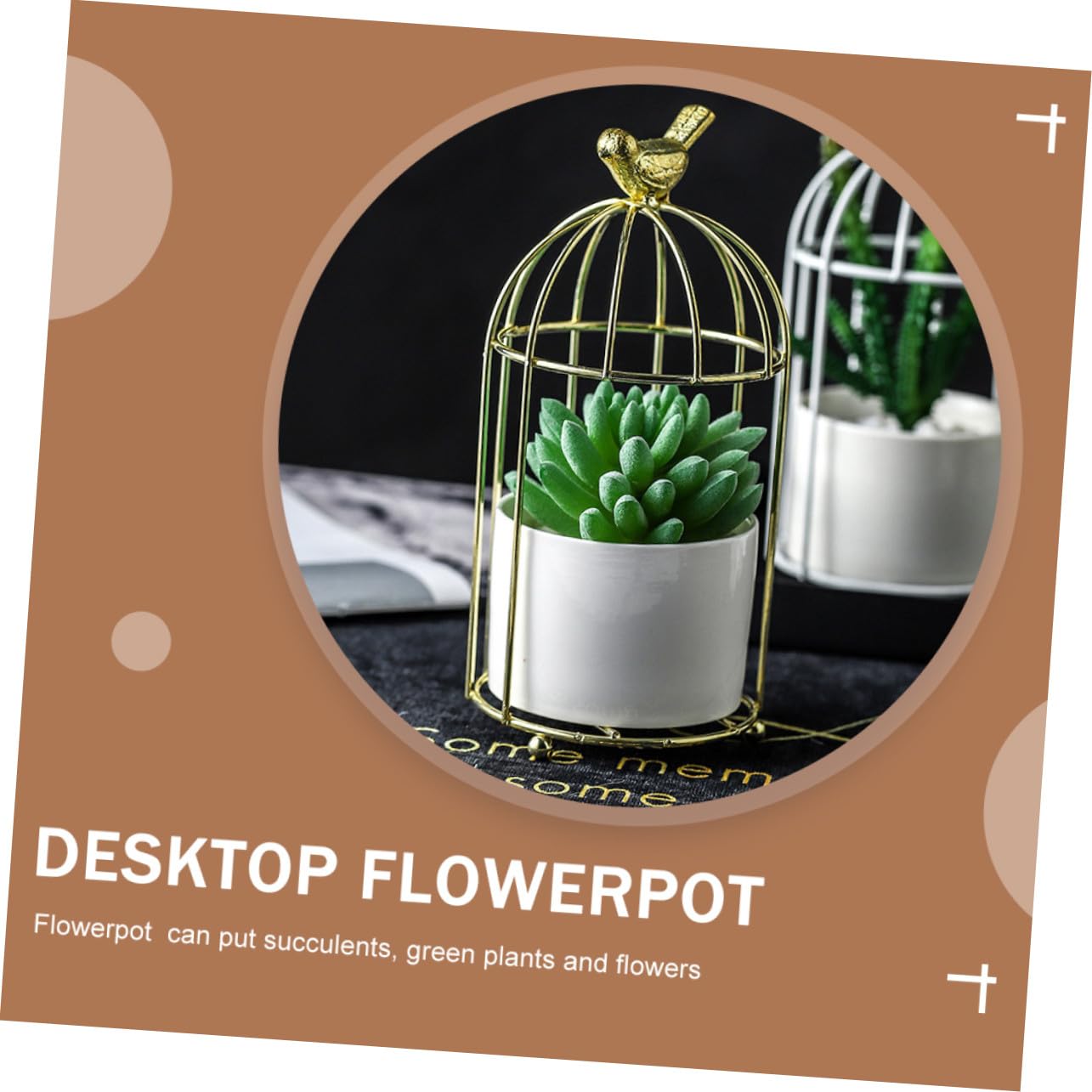 CAXUSD Decorative Iron Rack Flowerpot with Ceramic Planter Gold Plated Birdcage Style Stand Indoor Outdoor Gardening Container for Balcony and Home Plant Display